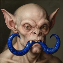 close up portrait of a mutant monster creature with giant ear in the middle of the face, lapis - lazuli fangs growing sideways in a spiral shape. by jan van eyck, walton ford