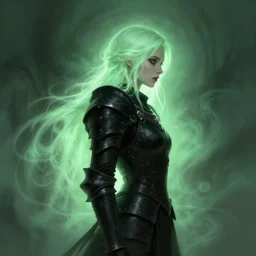 side portrait, imogen poots, deathknight, black armor, gloomhaven, soft, smooth, luminescent, haunting, pale green backlit glow, evil inky swirly ripples, sickly colors, by greg rutkowski, jesper ejsing, rhads, ilya kuvshinov, cushart krenz