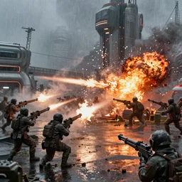 semi futuristic trench warfare, war, explosions, heavy machine gun fire, flame and fire, unreal engine, octane render, cinematic, epic, rainy stormy night, chaotic, 8k, ultra detailed, Artstation, Trending on Artstation, Artstation HQ, Artstation HD, deviant art, Pinterest, digital art, reflections,