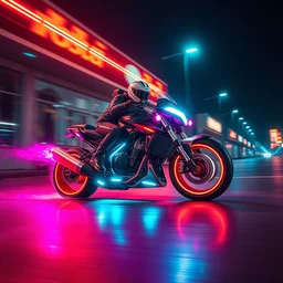 valentino rossi driving a futuristic neon motorcycle with rockets, cinematic shot, night hour, neon light, reflections, epic shot, vibrant colors
