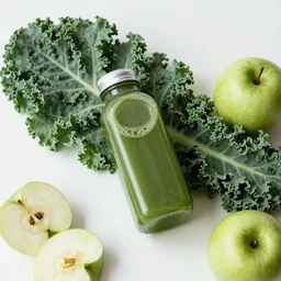 minimalist zen juice bottle on a zen minimalist white table lying on blanket of kale and sliced green apples, intricate detail, high quality, hyperrealistic,