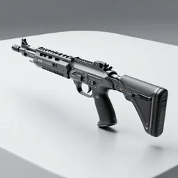 futuristic submachine gun on a smooth white table, minimalist, studio lighting, 3d render, octane render, photorealistic, highly detailed, intricate detail, trending on artstation