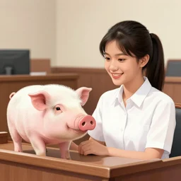 courtroom sketch of a thai girl next to a pig, smiling, short hair with a ponytail - n 4