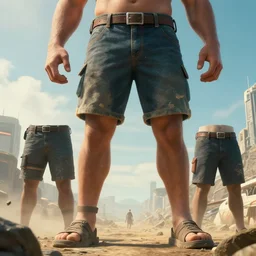 giant men in shorts of 3 meters and 5 meters, high definition movie, photorealistic detail, futuristic production, adventure movie, 8 k