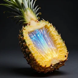 professional photography of a pineapple cut open to reveal fiber - optic circuitry inside, technologic, cyberpunk