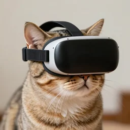 a 4 k photorealistic photo of a cat wearing a vr headset on its head