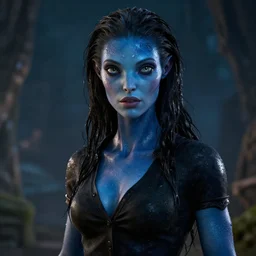 epic portrait cinematic shot an female alien with 3 eyes and blue skin wearing a black short sleeved blouse and having wet flowing black hair, sweaty skin, shiny skin, beautiful, fine details. night setting. realistic shaded lighting poster by craig mullism, artgerm, jeremy lipkin and michael garmash, unreal engine, radiant light, detailed and intricate environment, digital art, trending on art station,