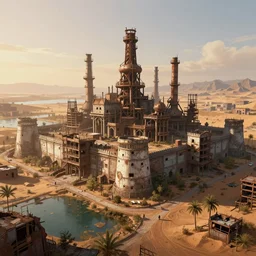 a beautiful ultradetailed illustration of abandoned urbex industrial architecture fortress unfinished building city nature by john william casilear, desert nature at dawn sunlight lightpaint lake at dusk assassin's creed, archdaily, wallpaper, highly detailed, trending on artstation.