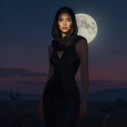 lush celestial twilight portrait in mysterious femininity, ethnic, clear eyes, statuesque, gazelle - like, confident realistic face, radiant skin, dark gown and scarf, svelte fashion design, silhouette, subtle highlights, bathed in moonlight, chiaroscuro, impressionism, deep rich hues, illustration