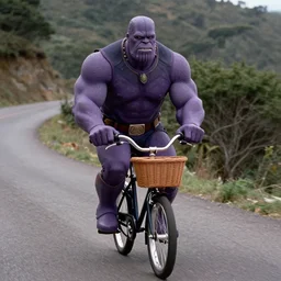 film still of purple thanos in full armor as brand riding a very small bicycle with a basket down a steep mountain road in the goonies 1 9 8 5