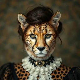 annie leibovitz headshot of gina gershon, a beautiful cheetah hybrid wearing a victorian era dress, bokeh, 5 0 mm
