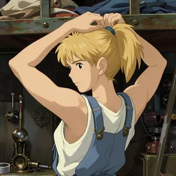 portrait by ilya kuvshinov of a mechanic tying her hair in a ponytail within a cramped and dimly lit bunk, blonde, tank top, overalls, steampunk, highly detailed, cel shading, digital painting, anime key visual, hayao miyazaki, alphonse mucha