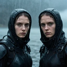 cinestill 5 0 d candid photographic portrait by helen levitt of two european mail androids wearing rugged black mesh techwear in treacherous waters, extreme closeup, modern cyberpunk moody depressing cinematic, pouring rain, 8 k, hd, high resolution, 3 5 mm, f / 3 2, ultra realistic faces, ex machina