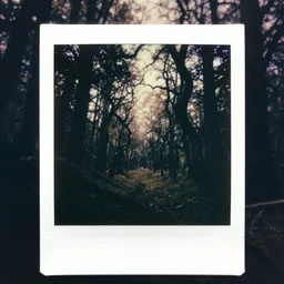 a dark, foreboding forest, with twisted, gnarled trees and an unending feeling of being watched, scary, grotesque, old photo, polaroid, parasite