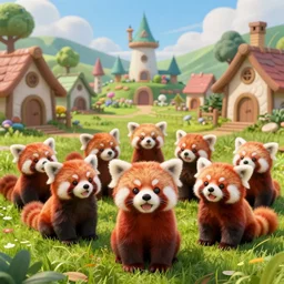 a group of happy red pandas in the grass in front of fairy village, concept art by senior environment artist, cgsociety, furry art, artstation hq, playstation 5 screenshot