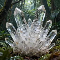 beautiful giant completely clear massive quartz crystals that intersect each other in a large magical jungle, complex inter - play of light