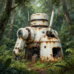 an abandoned, white, rusting high tech cybernetics laboratory in the middle of a lush rainforest, solid rusted white metal, by greg rutkowski and james gurney, trending on artstation