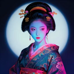 female geisha girl, beautiful face, neon, rule of thirds, intricate outfit, spotlight, by greg rutkowski, by jeremy mann, digital painting