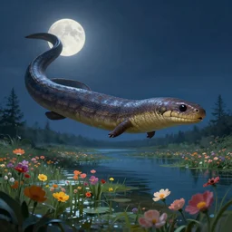 giant eel hovering above a lake full of flowers under the moonlight, concept art, digital painting, trending on artstation, deviantart, epic composition, extremely detailed, ambient lighting, masterpiece, sharp focus, octane render