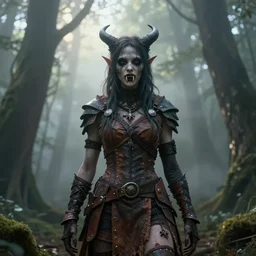 Full shot, dramatic volumetric sunlight foggy atmospheric forest canopy scenery, ghoul girl with long fangs clad in modest hide leather armor, hyperdetailed, symmetrical face, concept art, artstation, cgsociety, 8k