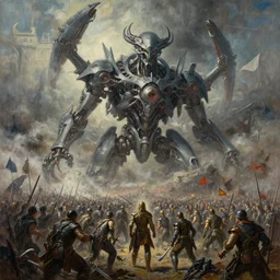 oil painting of 3 0 0 0 battle - panoramaautolysis nightmare machine, by jack kirby, ditko, alberto bontempi, shigeru komatsuzaki, wayne d barlowe, alex ross, enric torres, simon bisley & boris vallejo, hyper realism, cinematical, narrative light, muted colors, epic, hyper detailed, awe inspiring, award