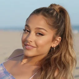 color still shot of ariana grande relaxing on the beach, face closeup, smiling