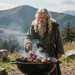 gandalf from lord of rings grilling meat in a barbecue outside, sunlight, natural lighting, nature, mountain, barbecue, professional photography, 5 0 mm lens