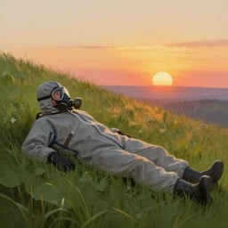 ryan church jon mccoy concept art painting man wearing grey hazmat suit gas mask lying down in the grass watching the beautiful sunrise
