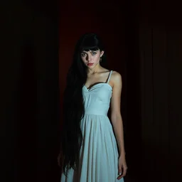 a young woman in!! the shadow! of a red barn!. black hair, white! dress, in the art style of disco elysium