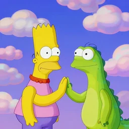 post - minimalism portrait of the simpsons, top down view, lizard king / queen forgiveing, iridescent clouds, vibrant color scheme, highly detailed, in the style of romanticism, cinematic, artstation, moebius, greg rutkowski