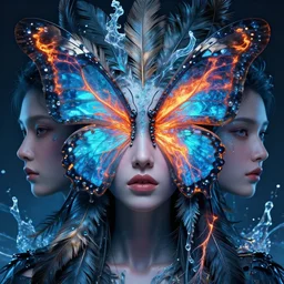 3 d goddess butterfly face portrait, sigma 5 0 0 mm f 4, face in the center, beautiful intricate highly detailed quetzalcoatl feathers. bioluminescent, plasma, lava, ice, water, artwork by tooth wu and wlop and beeple and greg rutkowski, 8 k trending on artstation, volumetric lighting, volumetric shadows