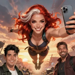 Rafeal Albuquerque comic art, Joshua Middleton comic art, pretty female Madelaine Petsch Rogue x-men marvel taking a selfie, big smirk, symmetrical face, symmetrical eyes, long red hair with white streak in hair, full body, flying in the air, battlefield background, sunset, cinematic lighting