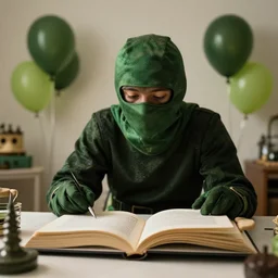 ninja surprise party, story book, soft lighting,