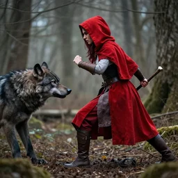 red riding hood female warrior fending off a werewolf