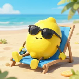 a lemon character wearing sunglasses relaxing at the beach