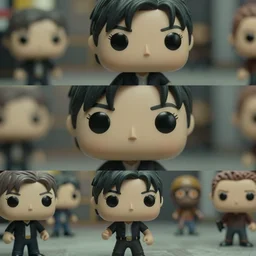 beautiful three point perspective film still of funko pop neo chase scene in matrix, extreme closeup portrait in style of frontiers in miniature porcelain photography fashion game art studio seinen manga edition, miniature porcelain portrait, eye contact, tilt shift style scene background, soft lighting, kodak portra 4 0 0, 8 k, macro, cinematic style by emmanuel lubezki