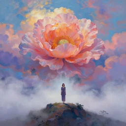 giant flower head, frontal, woman standing on mountain, surreal photography, mist below, colorful clouds, impressionist painting, digital painting, artstation, rob gonsalves