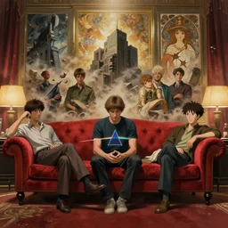 pink floyd sitting in a red sofa in an art deco living room, award - winning realistic sci - fi concept art by ilya kuvshinov, hayao miyazaki, kentaro miura, thomas kinkade, beksinski, bruegel, greg rutkowski, alphonse mucha, and yoshitaka amano, digital painting, masterpiece, gorgeous, beautiful, cinematic, dynamic volumetric lighting, dust clouds and building debris, intense, dramatic