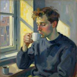 It's morning. Sunlight is pouring through the window bathing the face of a man enjoying a hot cup of coffee. A new day has dawned bringing with it new hopes and aspirations. Painting by Kandinsky, 1939