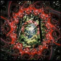 analoge vintage photograph of a nature scene, Trippy lsd art, 70s color scheme, fractals, film grain, red color bleed