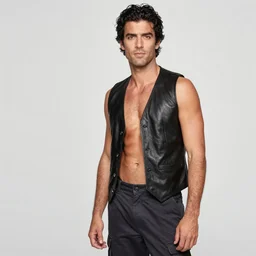 photo of fabio lanzoni with black hair and a five o clock shadow wearing a black black leather vest vest, shirtless, dark cargo pants 9 9 9 9 9 9 9 9 9