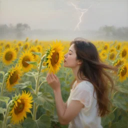 a girl smelling one of sunflowers in an amazing tall sunflower field, hair flowing, fog, early morning lightning, subtle, intricate details, real masterpiece, oil on canvas, by somsak anong