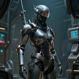 human experiment with machine high tech cyberpunk, ninja cyborg, elaborate detailed classic sci - fi design, cinematic lights