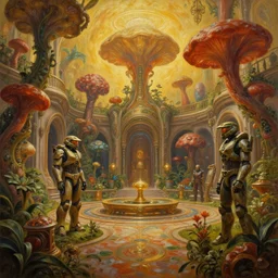 an oil painting by donato giancola, warm coloured, highly detailed cinematic scifi luxurious futuristic victorian garden courtyard with bulbous alien floral fungi, beeple, halo, star wars, ilm, star citizen, halo, mass effect, artstation unreal, 4 k, 8 k, hd