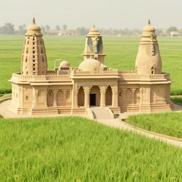 mix of ancient egyptian and indian architecture, in the middle of rice field, farmers working, late sunset, mist, fog, in the style of dylan cole, photorealistic, octane, vray, unreal engine, trending on artstation, extreme wide shot, extreme long shot, cinematic composition