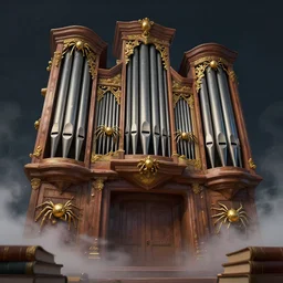 illustration of close low angle view of an pipe organ made of books with gold spidery embellishments, night, smoke, ground fog, by vincent di fate, large depth of field, super detailed, digital art, trending on artstation, ornate