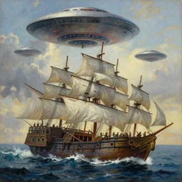 detailed beautiful dramatic painting of pirate ships battling ufo flying saucers