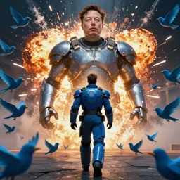 a cinematic scene of a giant elon musk in sky blue armor walking away from a explosion of blue twitter birds, photorealistic