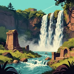ancient ruins and waterfalls, retrowave art, trending on art station