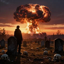 backlit graveyard with skulls on the ground ,backlight , silhouette of a man watching nuclear explosion , sunset panorama by frazetta
